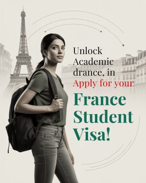 Young woman with backpack in front of the Eiffel Tower promoting France Student Visa application.