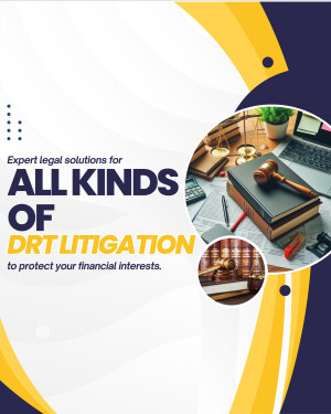 Legal services for debt recovery tribunal litigation with gavel, books, and office supplies.