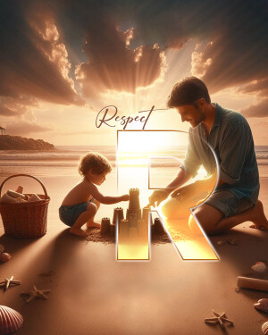 A father and son building a sandcastle on the beach with a glowing 'R' shape.