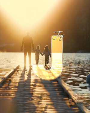 Silhouette of a father and two children walking hand-in-hand on a pier with the word 'Joy' in a reflective design.