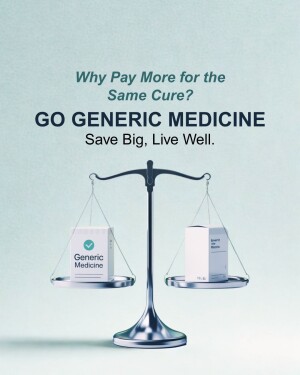 Image promoting generic medicine with a scale balancing branded and generic medication boxes.