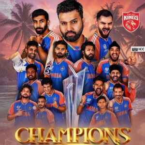 Team portrait of the Punjab Kings cricket team celebrating a championship win.