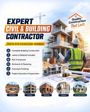 Civil and building contractor with an engineer reviewing construction blueprints and building site images.