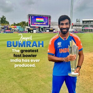 Jasprit Bumrah holding the World Cup trophy with the Indian flag displayed on the stadium screen.