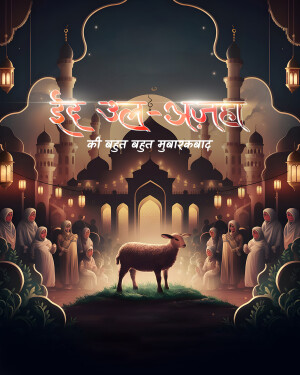 Eid al-Adha illustration with mosque, people and a lamb