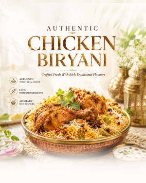 A beautifully presented bowl of authentic chicken biryani on a textured surface with spices and herbs