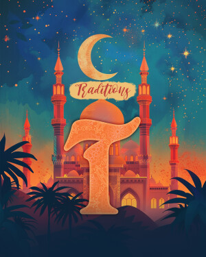 Illustration of a mosque and crescent moon with the Arabic letter 'Taa' and the word 'Traditions' for Ramadan