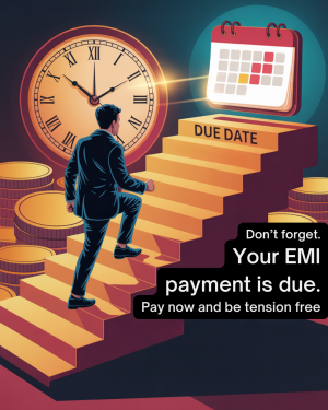 Illustration of a man climbing stairs towards a calendar with a due date, representing EMI payment deadlines.