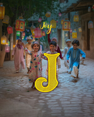 Children running and playing with lanterns during Ramadan