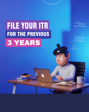 Cartoon illustration of a man filing income tax return on a laptop.