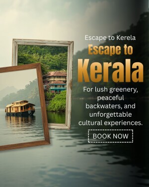 Kerala backwaters with a framed view of lush greenery and a houseboat.