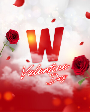 Red letter 'W' with roses and Valentine's Day text