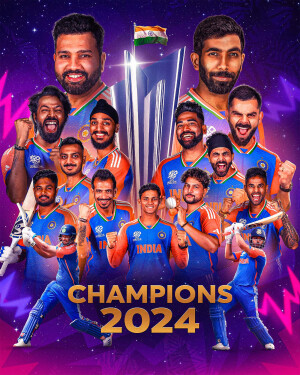 Poster featuring the Indian Cricket Team celebrating, with the text 'Champions 2024'