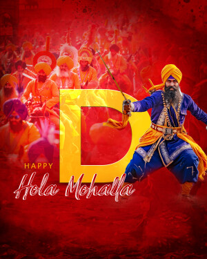 A vibrant digital artwork depicting a Sikh warrior with a large yellow 'D' and a crowd of turbaned figures in the background, celebrating Hola Mohalla.