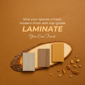 Laminate flooring samples on wood slice with text promoting a modern finish.