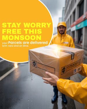 Delivery person handing a package during the monsoon season