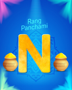 Rang Panchami festival with letter N and colorful pots