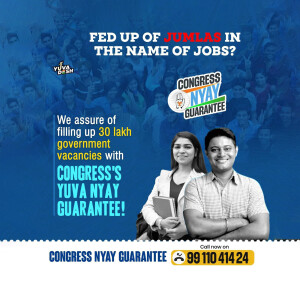 Political advertisement for Congress's Nyay Guarantee scheme promising government jobs.