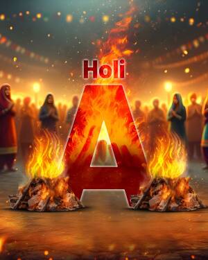 A large fiery letter 'A' with people celebrating Holi in the background.