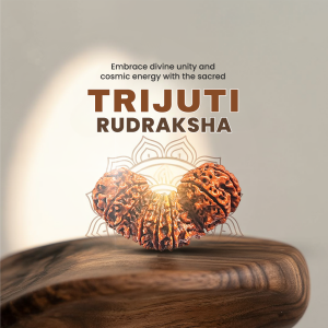 Image of Trijuti Rudraksha with a glowing effect and spiritual text.
