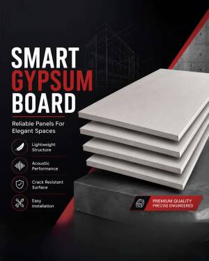 Stack of white gypsum boards on a dark architectural background with product benefits listed.