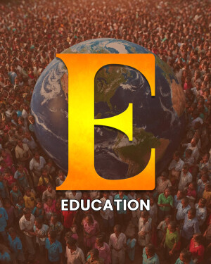A large letter 'E' superimposed over an image of Earth, with a crowd of people in the foreground. The word 'EDUCATION' is written below the 'E'.