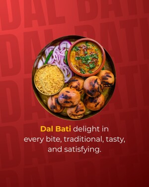 A top-down view of a traditional Indian meal, Dal Baati, served on a dark plate.