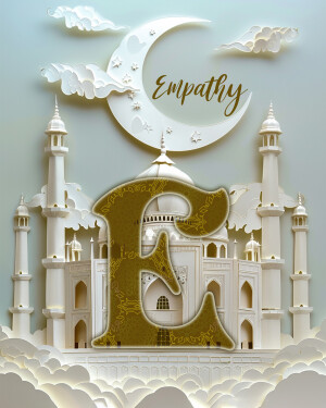 Paper art depicting the letter 'E' with a mosque and crescent moon background