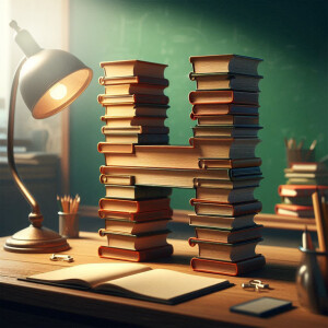 A stack of books arranged to form the letter 'H' with a desk lamp and stationery