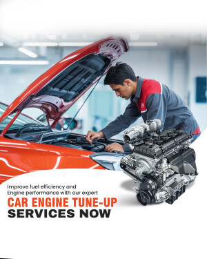Mechanic inspecting a car engine with text promoting car engine tune-up services.