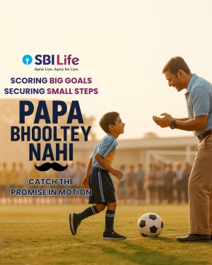A father and son on a soccer field with SBI Life branding.