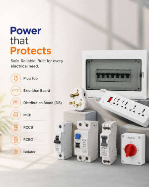 Various electrical protection devices including circuit breakers, distribution board, and isolator switch