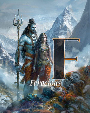 Digital art depicting Lord Shiva and Goddess Parvati with a large letter 'F'