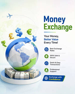 3D globe with currency symbols and money stacks, advertising professional money exchange services