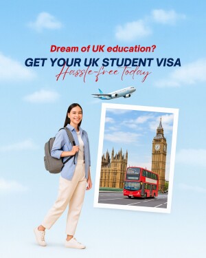 Young woman with backpack and UK landmarks promoting student visa services