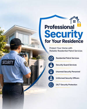 A professional security guard standing in front of a modern residential home, promoting security patrol services.