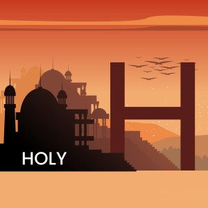 Silhouette of a city skyline with domes, minarets, and a large 'H' structure against a sunset background.