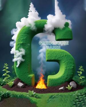 A green letter 'G' shaped like grass with smoke rising from a fire at the base, representing greenhouse gases.