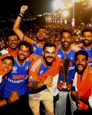 Indian cricket team celebrating victory with trophy and fans
