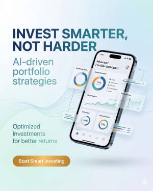 A mobile smartphone showing a sophisticated AI-powered investment portfolio dashboard with charts and asset allocation data.