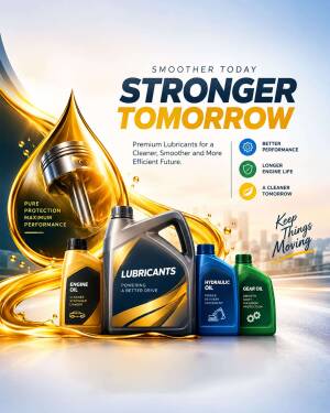 A collection of engine oil, lubricant, hydraulic oil, and gear oil bottles against a backdrop of flowing golden motor oil and a city sunset.