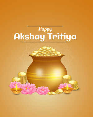 Akshaya Tritiya celebration with gold coins, pot, and flowers