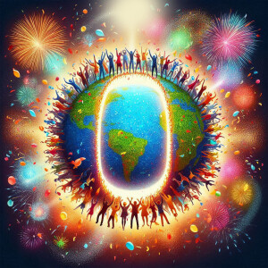 People celebrating around a globe shaped like a zero with fireworks