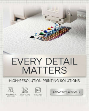 A high-precision printer nozzle depositing colorful ink droplets onto textured paper with the text Every Detail Matters