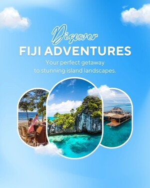 Fiji Adventures travel poster with island scenes