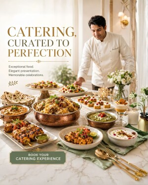 A professional chef curating an elegant banquet table spread with traditional Indian dishes for catering services