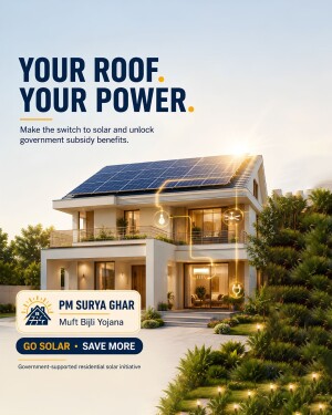 A modern two-story house with solar panels on the roof, promoting the government solar subsidy scheme.