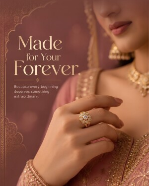 A close-up of a bride wearing an intricate gold ring, with elegant text overlay stating 'Made for Your Forever' on a mauve background.