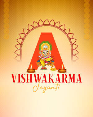 Vishwakarma Jayanti greeting with Lord Vishwakarma and decorative elements