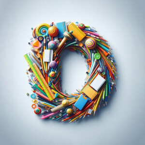 Letter O made of colorful school and office supplies